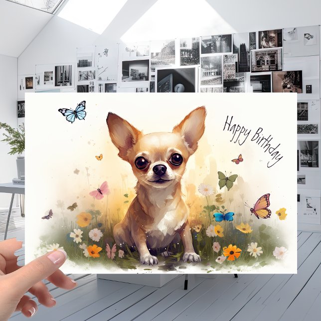 Cute Pet Chihuahua Puppy Hund och Flowers Birthday Kort (Skapare uppladdad)