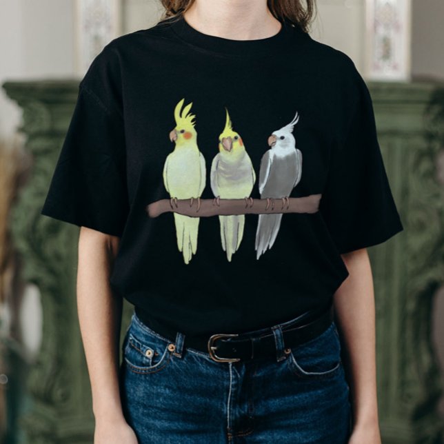 Cute Pet Cockatiels Flock on Perch Bird Lover T Shirt (Skapare uppladdad)