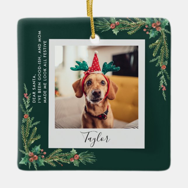 Cute Pet-fotoskript Rolig hund jul Julgransprydnad Keramik (Framsida)