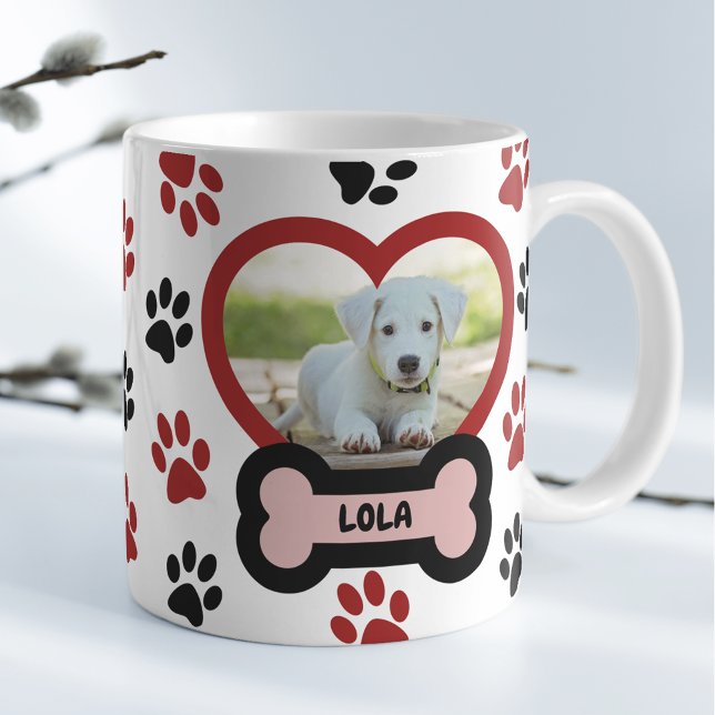 Cute Pet Hund Photo Heart Red & Black Tassar Mönst Kaffemugg (Skapare uppladdad)