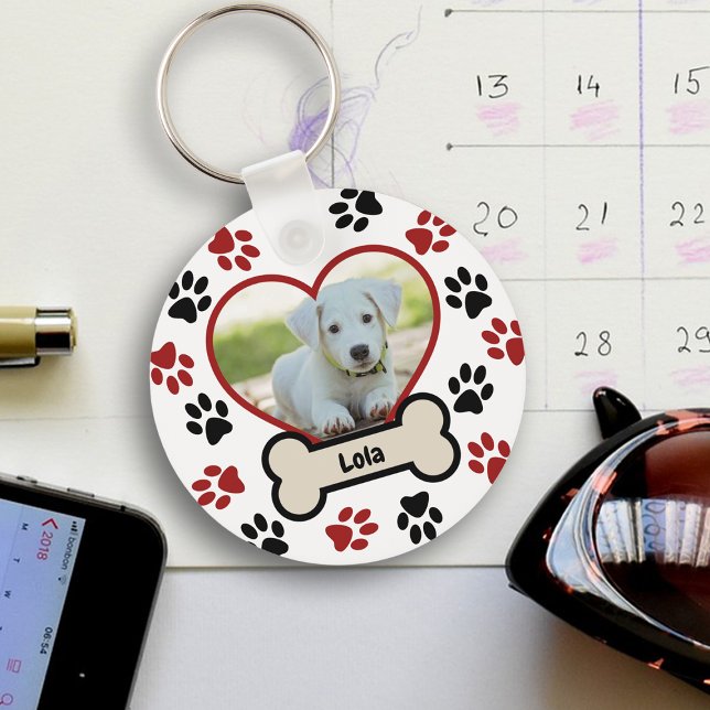 Cute Pet Hund Photo Heart Red & Black Tassar Mönst Nyckelring (Skapare uppladdad)