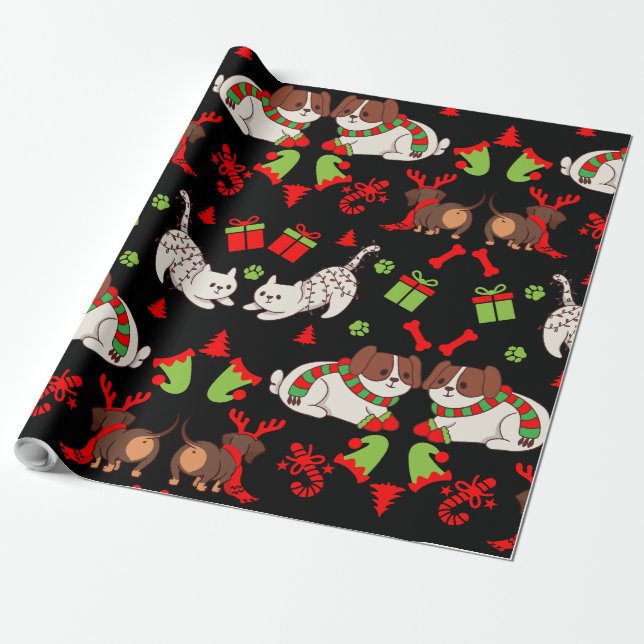 Cute Pet Patterned jul Gift Presentpapper (Utrullad)