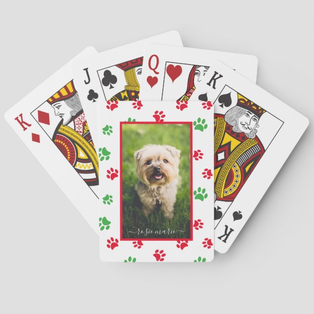 Cute Pet Photo Namn Red Grönt Tass avtryck Helgdag Casinokort (Baksidan)