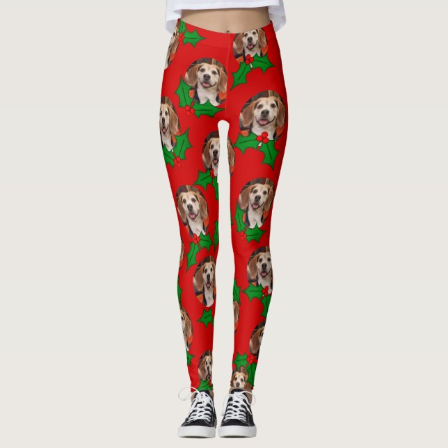 Cute Pet Photo Red Grönt Holly jul Leggings (Framsida)