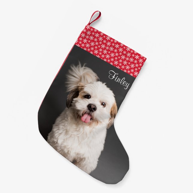 Cute Pet Photo Red White Snowflake Liten Julstrumpa (Framsidan (Hängande))