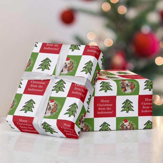 Cute Pet Photo Santa Hat Red Grönt Presentpapper (Skapare uppladdad)