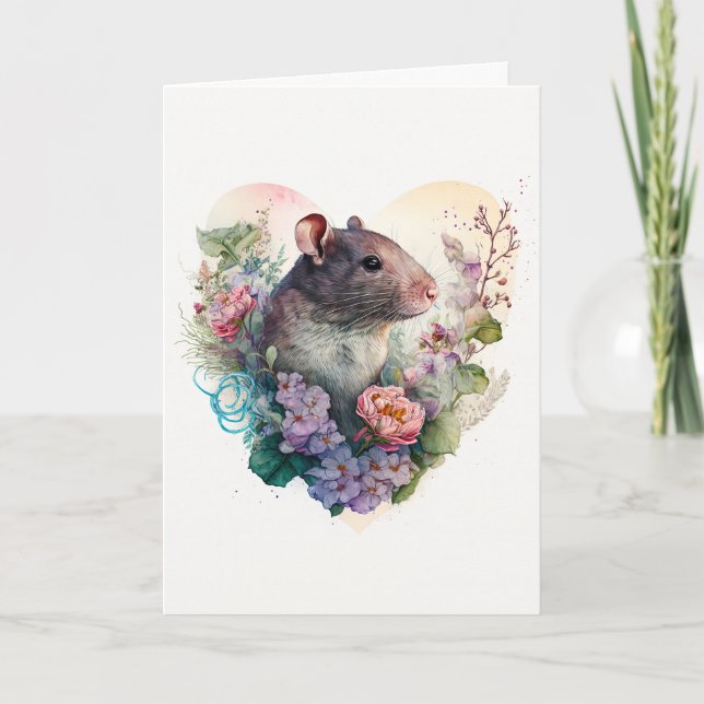 Cute Pet Råtta på Lila blommor Valentindagen Helgkort (Framsida)