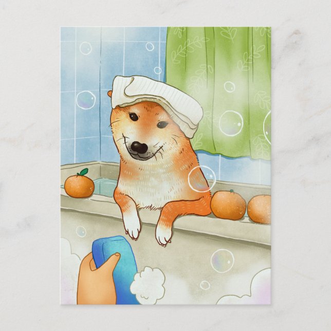 Cute Pet Shiba Inu Hund Bathing Funny Vykort (Framsida)