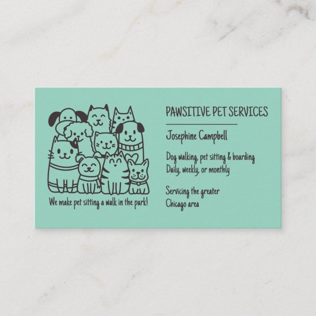 Cute Pet Sitter Teal Cat Hund QR-kod Visitkort (Framsida)
