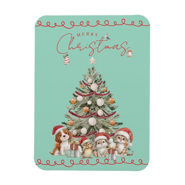 Cute Pets Christmas Magnet on Aqua Background (Vertikal)