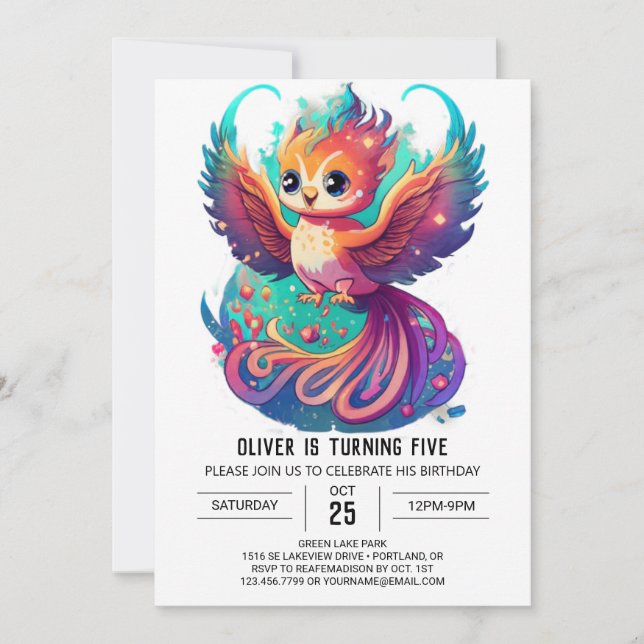 Cute Phoenix Watercolor Birthday-inbjudan Inbjudningar (Framsida)