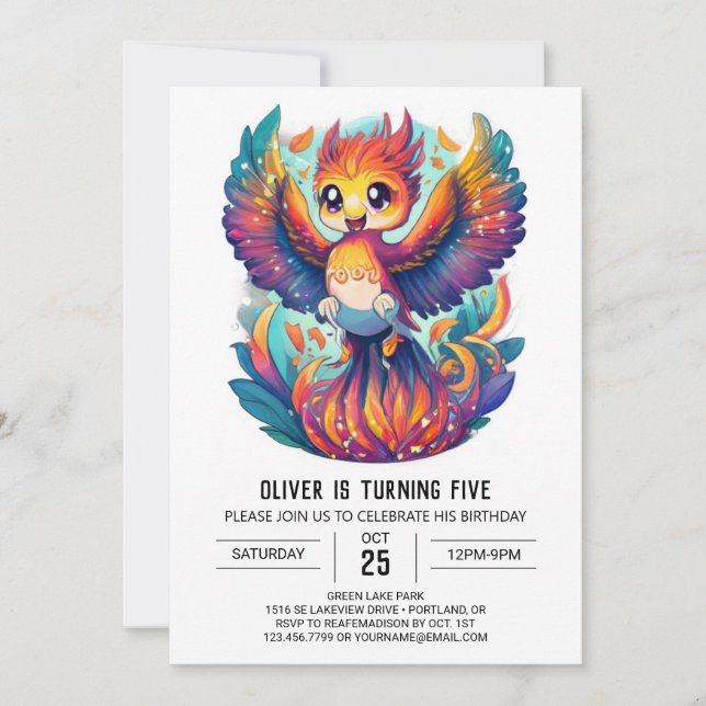 Cute Phoenix Wonderland Whimsical Birthday Inbjudningar (Framsida)