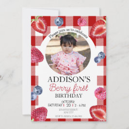 Cute Phooto Red Blue Berry Sweet 1st Birthday Inbjudningar