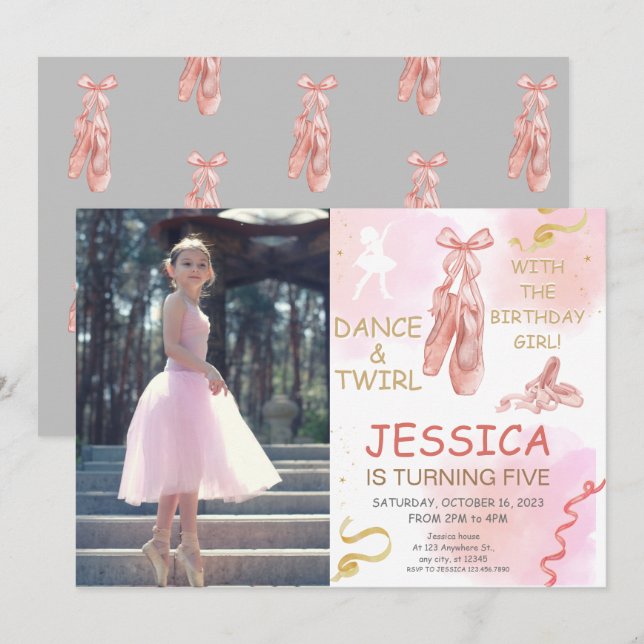 Cute Photo Ballerina-skor för inbjudan till flicko (Fram/baksida)