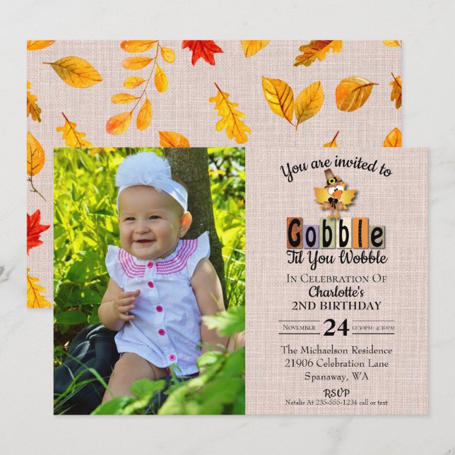 Cute Photo Gobble Til You Wobble Birthday Inbjudningar (Fram/baksida)