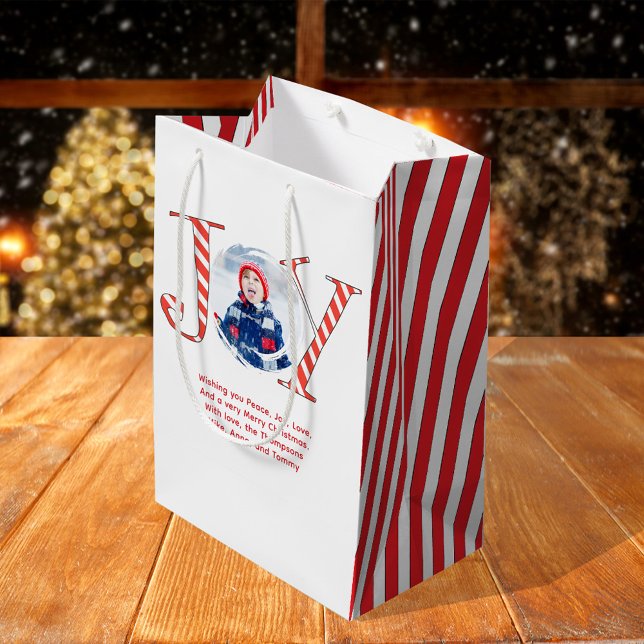 Cute Photo jul Joy Personlig (Joy typography custom photo gift bag.)