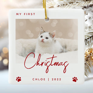 Cute Photo Kitten 1:a julen Tass avtryck Red Julgransprydnad Keramik