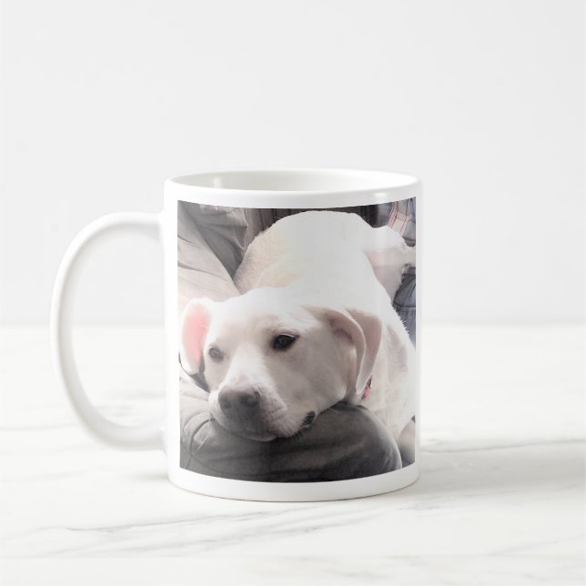 Cute Photo of White Puppy Hund kommer snart Kaffemugg (Vänster)
