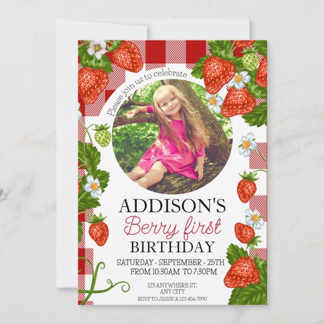 Cute Photo Red Blue Berry Sweet 1st Birthday Inbjudningar (Framsida)