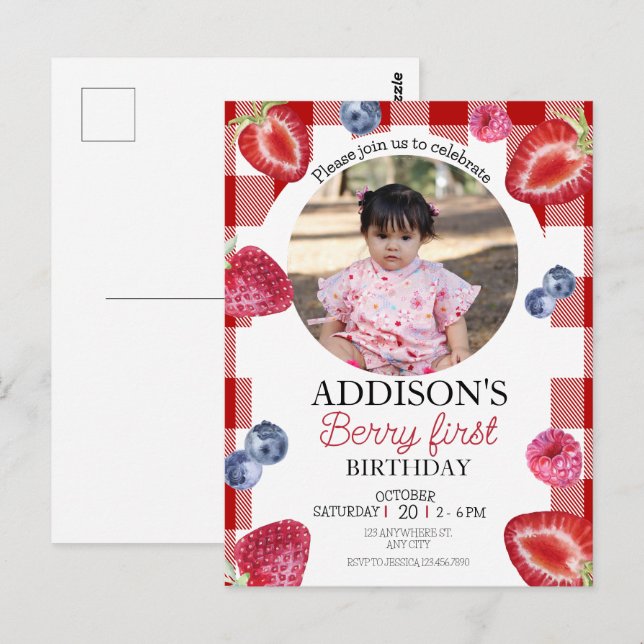 Cute Photo Red Blue Berry Sweet 1st Birthday Vykort (Fram/baksida)