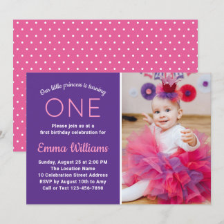 Cute Photo Rosa Lila Princess Girl 1st Birthday Inbjudningar