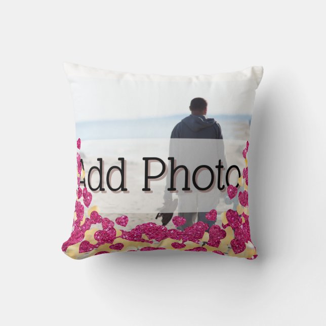 Cute Photo Rosa och Guld Glitter Heart Modern kärl Kudde (Framsida)