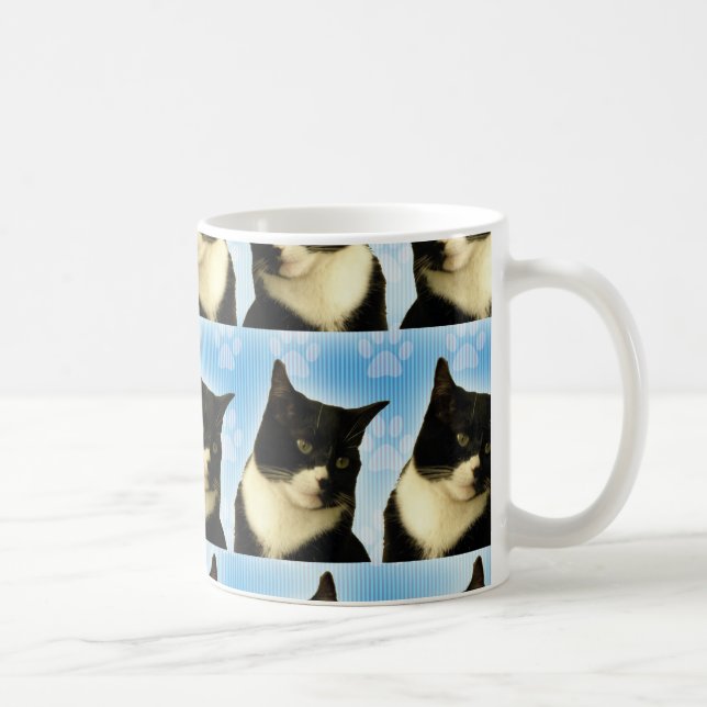 Cute Photo Tuxedo Cat Blue Mönster Kaffemugg (Höger)