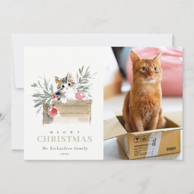Cute Photo Watercolor Meowy Christmas Box Cat Julkort (Framsida)