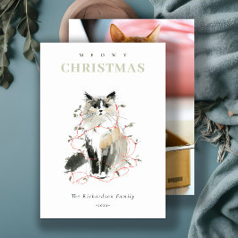 Cute Photo Watercolor Meowy jul Ljus Cat Julkort