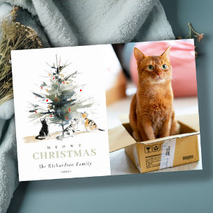 Cute Photo Watercolor Meowy Julgran Cats Julkort