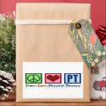 Cute PhysiTherapy Peace Kärlek PT Rektangulärt Klistermärke<br><div class="desc">Fysikaliska brickor i Kärlek för din favoritterapeut att skicka ut till klienter för julens helgdag. Ett fredstecken,  ett hjärta och brev PT gör ett underbart klistermärke för en fysisk terapeut på ditt tränings- eller kontor.</div>