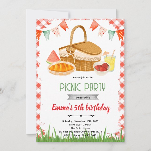 Cute picnic party theme invitation inbjudningar (Framsida)