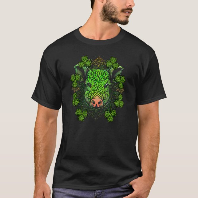 Cute Pig Face Head Mandala Irish Shamrock C St Pat T Shirt (Framsida)