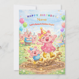 Cute Pig Golden Boots Muddy Puddle Party Kids Inbjudningar