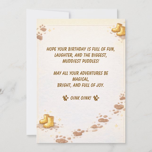 Cute Pig Golden Boots Muddy Puddle Party Kids Inbjudningar (Baksida)