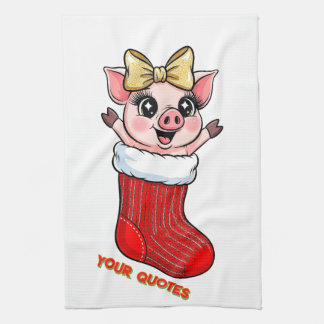 Cute Pig in Christmas Stocking Kökshandduk