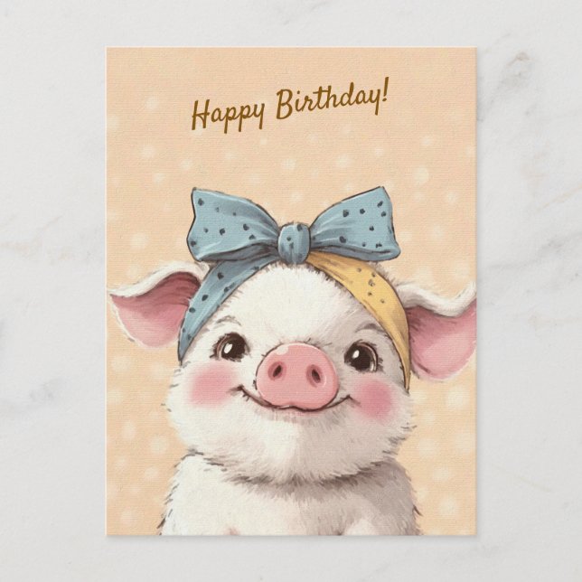 Cute Pig with Bandana Kids Birthday Invitation Vykort (Framsida)