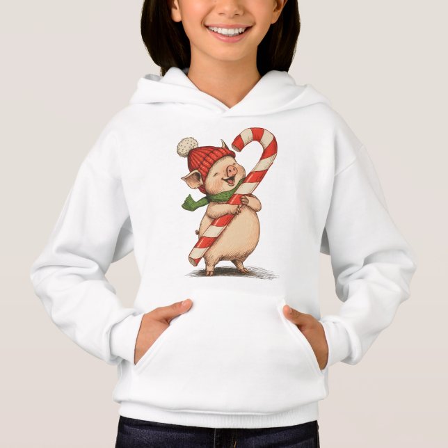 Cute Pig with Candy Cane Kids Hoodie T Shirt (Framsida)