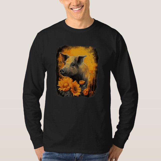 Cute pig with sunflower portrait orange and black  t shirt (Framsida)