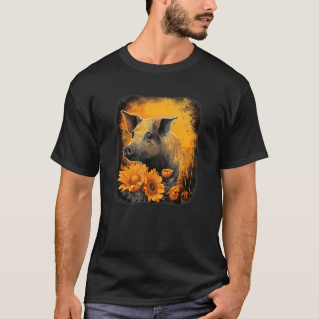 Cute pig with sunflower portrait orange and black  t shirt (Framsida)