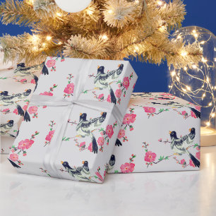 Cute Pigeon Birds Black Grått Rosa Flowers Presentpapper