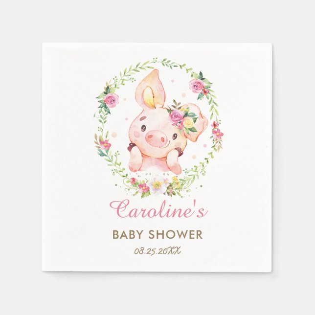 Cute Piggy Gris Rosa Blommigt Baby Shower Birthday Pappersservett (Framsidan)