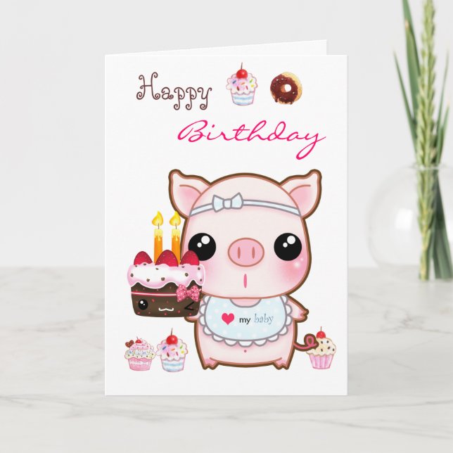 Cute piggy och kawaii cakes - Grattis på födelseda Kort (Framsida)
