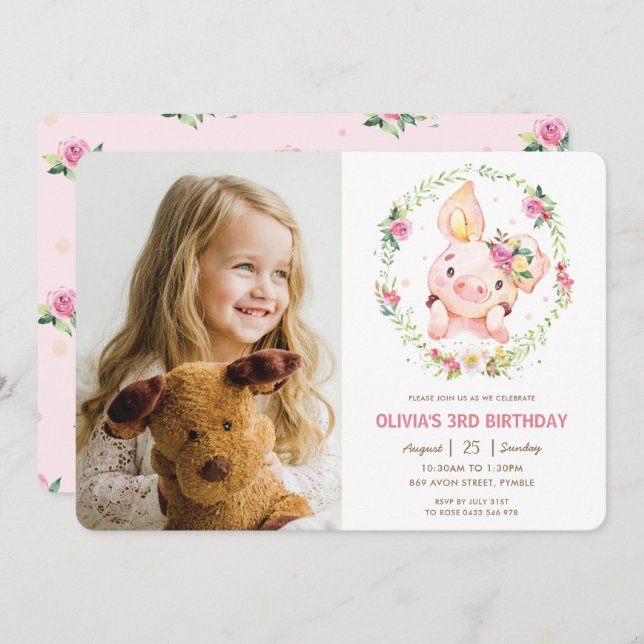 Cute Piggy Rosa Blommigt Greenery Birthday Photo Inbjudningar (Fram/baksida)