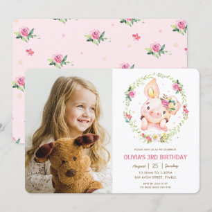 Cute Piggy Rosa Blommigt Greenery Birthday Photo Inbjudningar