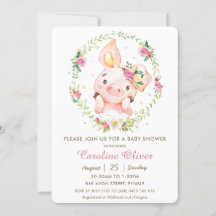 Cute Piggy Rosa Blommigt Greenery WandeBaby Shower