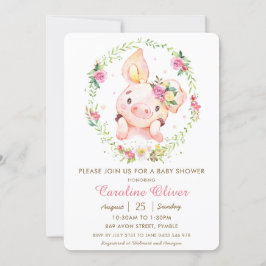 Cute Piggy Rosa Blommigt Greenery WandeBaby Shower Inbjudningar