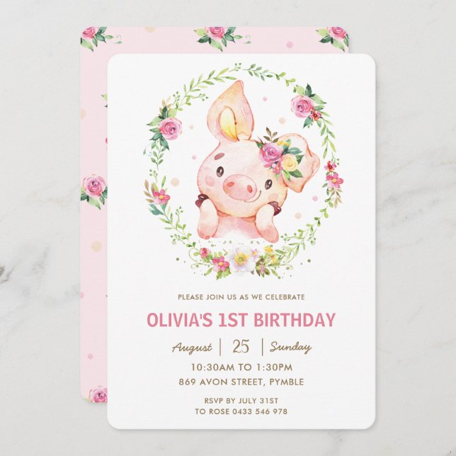 Cute Piggy Rosa Blommigt Greenery Wandes Birday Inbjudningar (Fram/baksida)