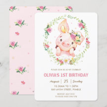 Cute Piggy Rosa Blommigt Greenery Wandes Birday