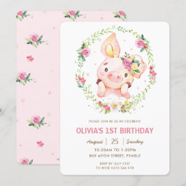 Cute Piggy Rosa Blommigt Greenery Wandes Birday Inbjudningar